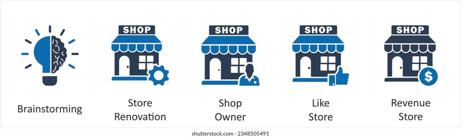 A set of 5 business icons as brainstorming, store renovation, shop owner