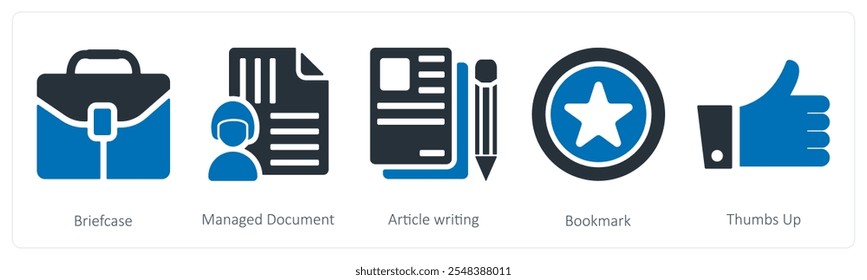 Um conjunto de 5 ícones de negócios como pasta, documento gerenciado, redação de artigo