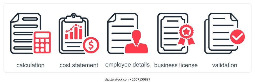 A set of 5 business icons as calculation, cost statement, employee details
