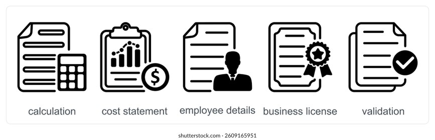A set of 5 business icons as calculation, cost statement, employee details