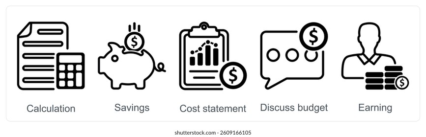 A set of 5 business icons as calculation, savings, cost statement