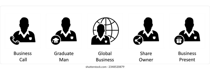 A set of 5 business icons as business call, graduate man, global business