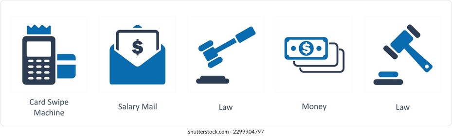 A set of 5 Business icons as card swipe machine, salary mail, law