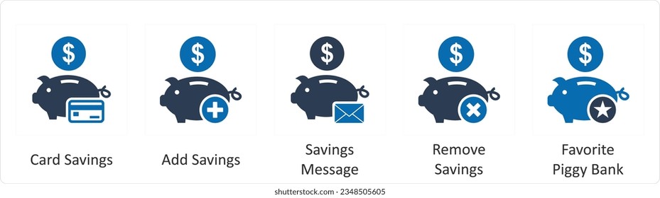 A set of 5 business icons as card savings, add savings, savings mess