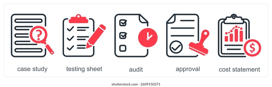 A set of 5 business icons as case study, testing sheet, audit