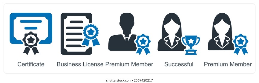 A set of 5 business icons as certificate, business license, premium member