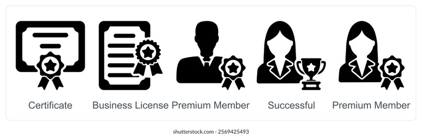 A set of 5 business icons as certificate, business license, premium member