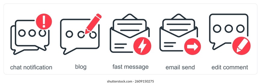 A set of 5 business icons as chat notification, blog, fast message, email send