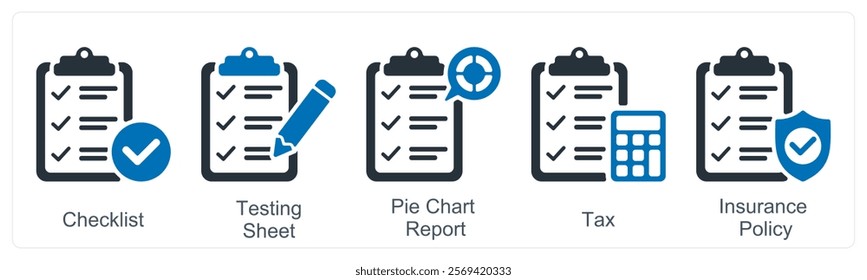A set of 5 business icons as checklist, testing sheet, pie chart report