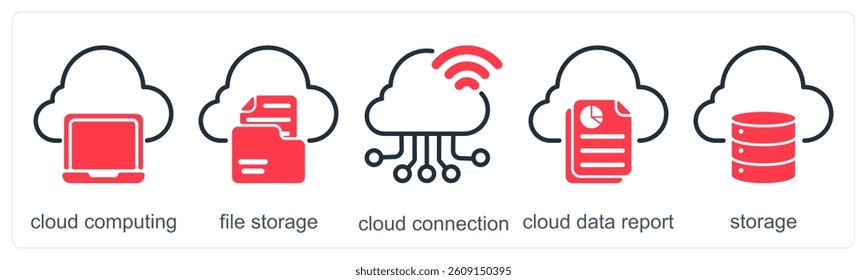 A set of 5 business icons as cloud computing, file storage, cloud connection