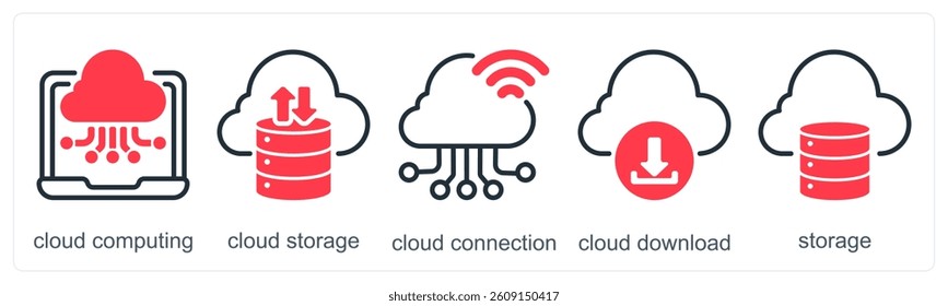 A set of 5 business icons as cloud computing, cloud storage, cloud connection
