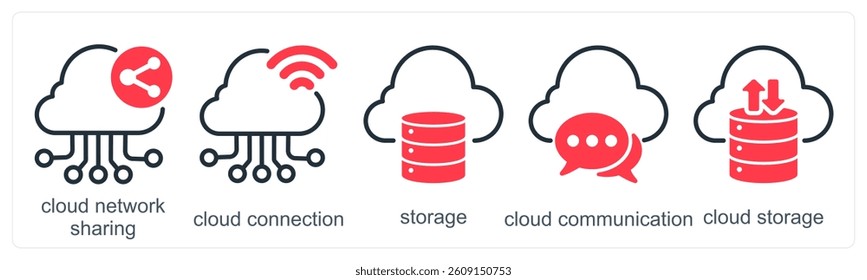 A set of 5 business icons as cloud network sharing, cloud connection, storage