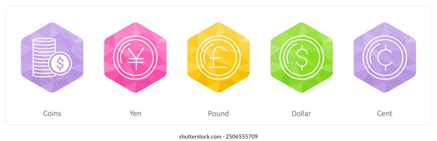 A set of 5 Business icons as coins, yen, pound