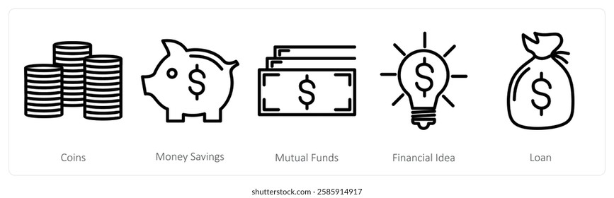 A set of 5 business icons as coins, money savings, mutual funds