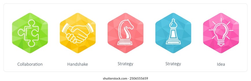 A set of 5 Business icons as collaboration, handshake, strategy