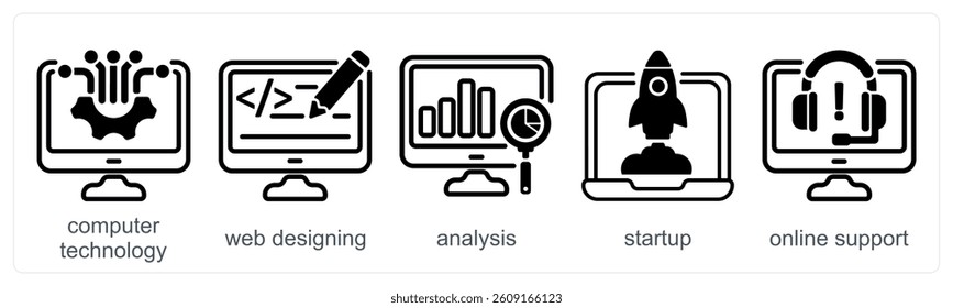 A set of 5 business icons as computer technology, web designing, analysis