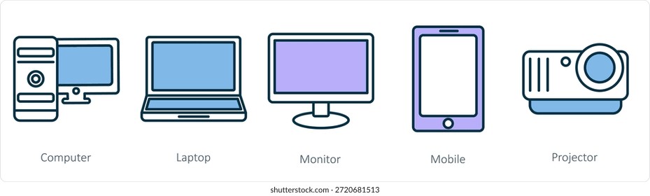 Un conjunto de 5 iconos de negocios como computadora, computadora portátil, monitor