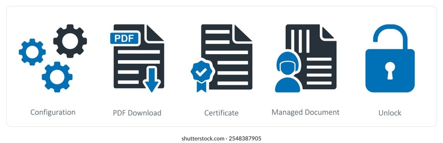 Um conjunto de 5 ícones de negócios como configuração, download de pdf, certificado