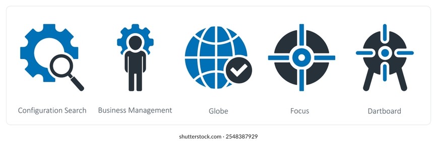 Un conjunto de 5 iconos de negocios como búsqueda de configuración, gestión de negocios, globo