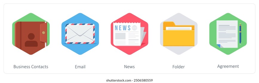 A set of 5 business icons as business contacts, email, news
