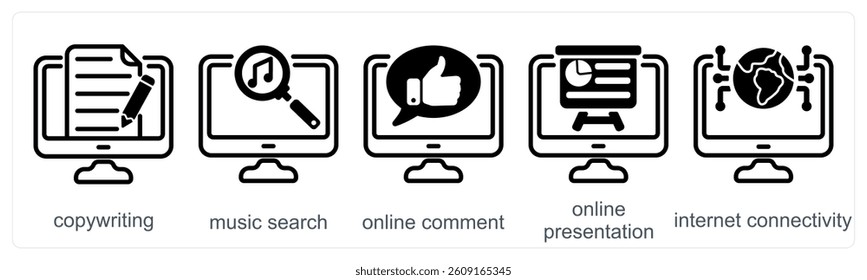 A set of 5 business icons as copywriting, music search, online comment