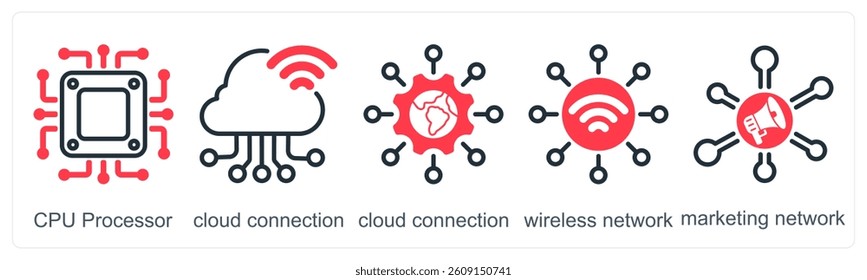 A set of 5 business icons as cpu processor, cloud connection, wireless network