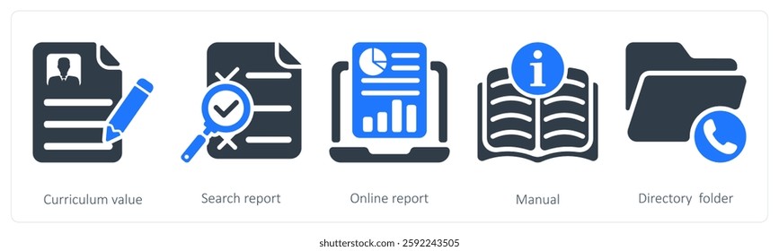 A set of 5 business icons as curriculum value, search report, online report