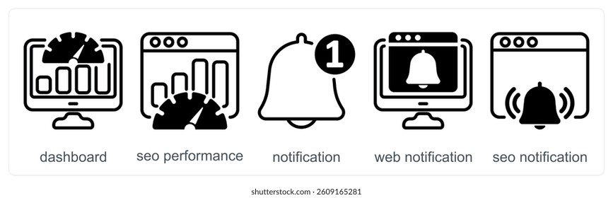 A set of 5 business icons as dashboard, seo performance, notification