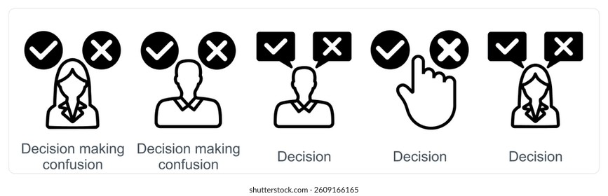 A set of 5 business icons as decision making confusion, decision, choice