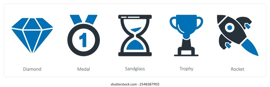 A set of 5 business icons as diamond, medal, sandglass