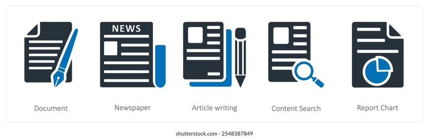 Um conjunto de 5 ícones de negócios como documento, jornal, redação de artigo