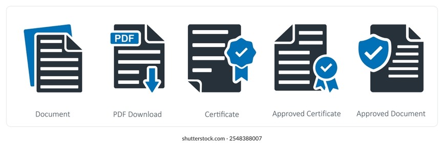 Um conjunto de 5 ícones de negócios como documento, download de pdf, certificado