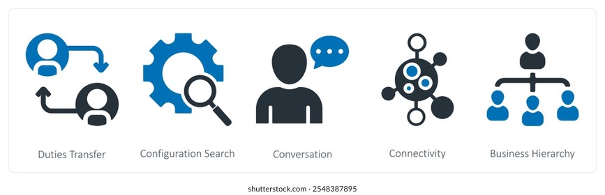 Un conjunto de 5 iconos de negocios como transferencia de tareas, búsqueda de configuración, conversación