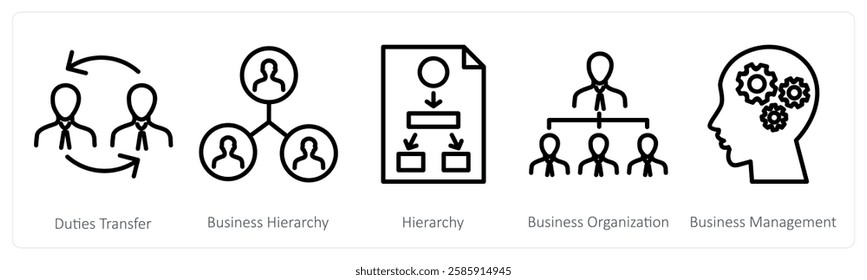 A set of 5 business icons as duties transfer, business hierarchy, hierarchy