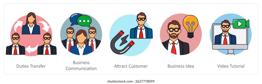 A set of 5 business icons as duties transfer, business communication, attract customer