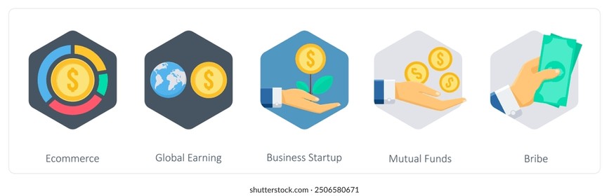 Un conjunto de 5 iconos de negocios como comercio electrónico, ganancias globales, inicio de negocios