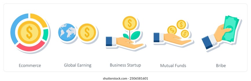 A set of 5 business icons as ecommerce, global earning, business startup