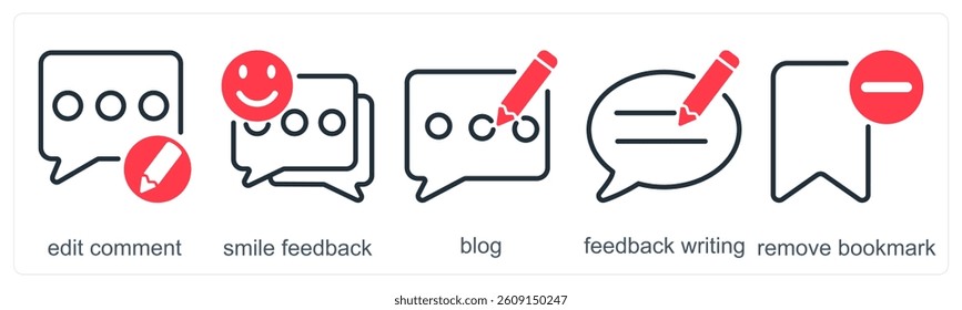 A set of 5 business icons as edit comment, smile feedback, blog