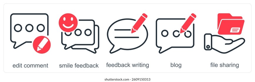 A set of 5 business icons as edit comment, smile feedback, feedback writing