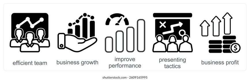 A set of 5 business icons as efficient team, business growth, improve performance