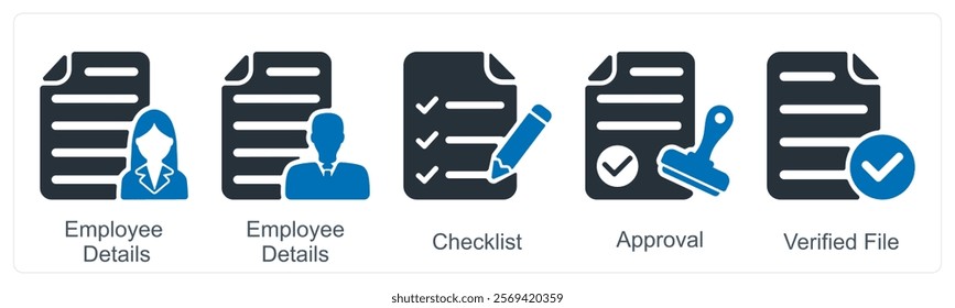 A set of 5 business icons as employee details, checklist, approval