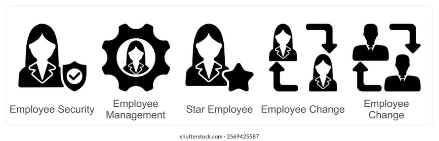 A set of 5 business icons as employee security, employee management, star employee