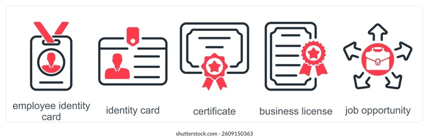 A set of 5 business icons as employee identity card, identity card