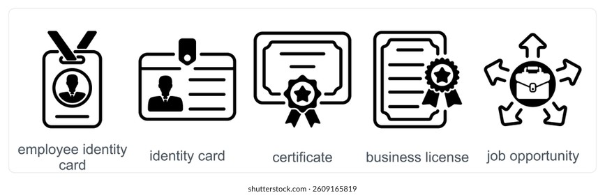 A set of 5 business icons as employee identity card, identity card