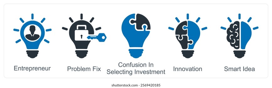 A set of 5 business icons as enterpreneur, problem fix, confusion in selecting investment