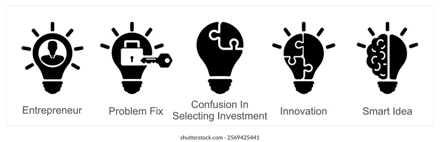 A set of 5 business icons as enterpreneur, problem fix, confusion in selecting investment