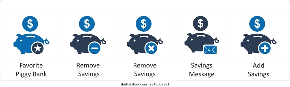 A set of 5 business icons as favorite piggy bank, remove savings, savings message