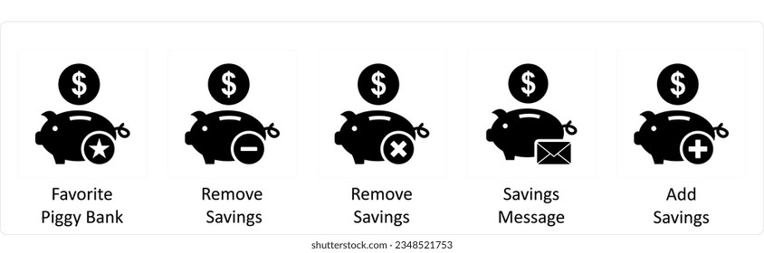 A set of 5 business icons as favorite piggy bank, remove savings, savings message