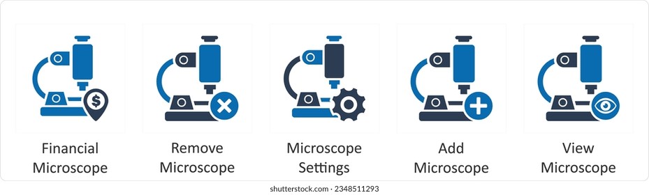 A set of 5 business icons as financial miscroscope, remove microscope, microscope