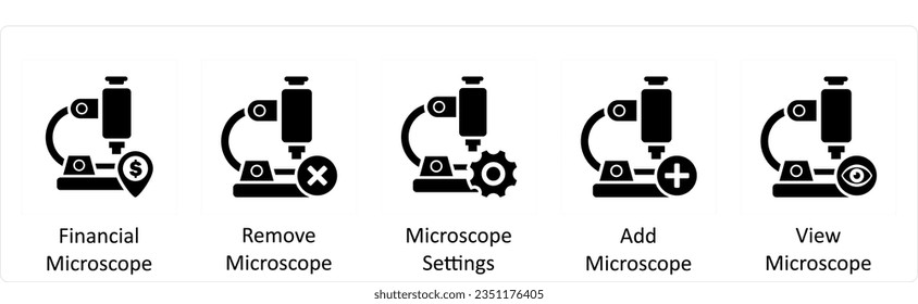 A set of 5 business icons as financial miscroscope, remove microscope, microscope